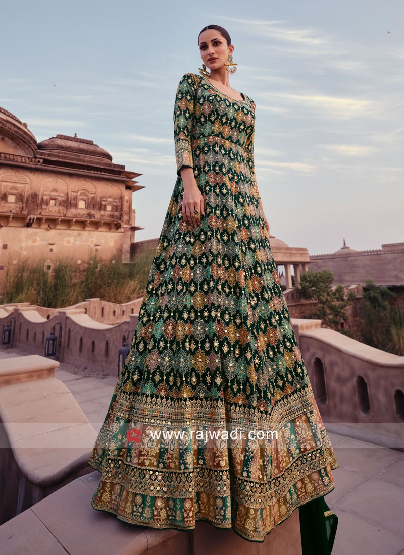 Designer Embroidered Green Georgette Gown