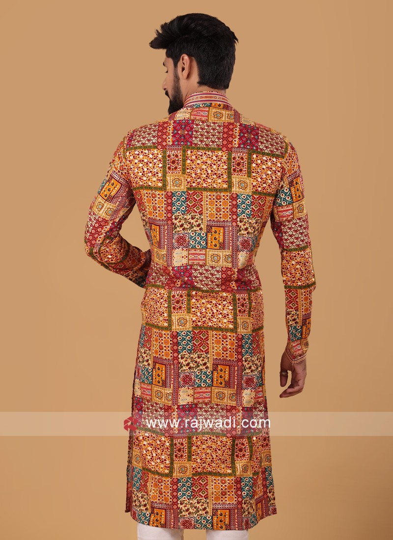 Multi Print Art Silk Kurta Pajama For Wedding