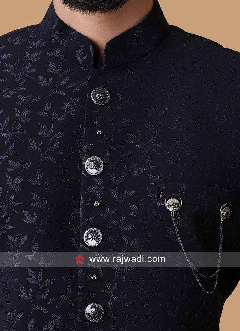 Navy Blue Thread Embroidered Imported Jodhpuri Suit