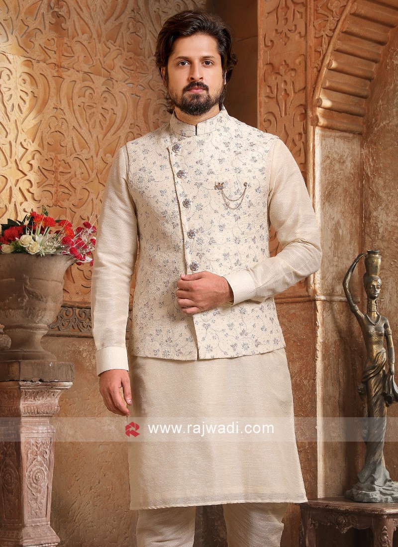 Cream Readymade Nehru Jacket Set For Men