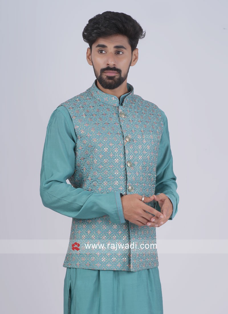 Rama Blue Readymade Silk Nehru Jacket Set