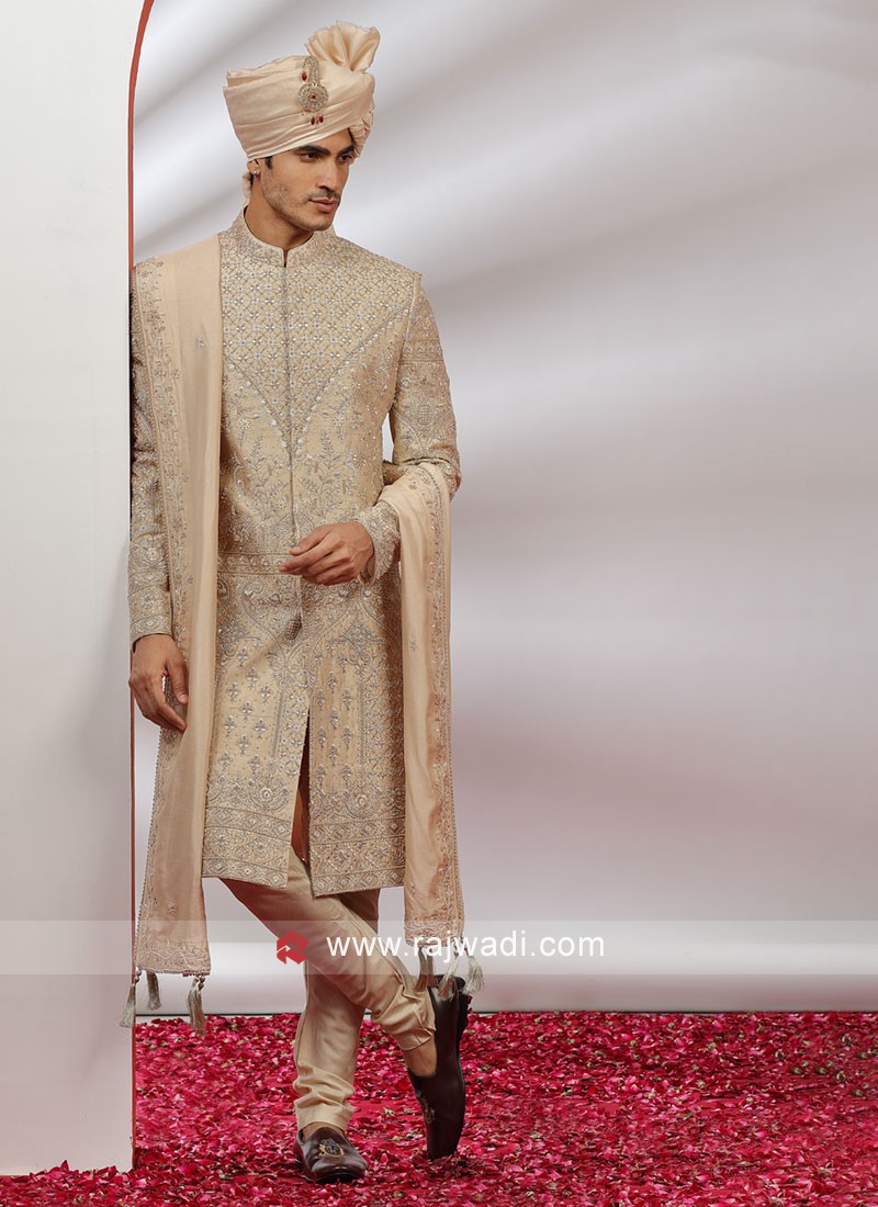 Designer Embroidered Silk Sherwani In Golden