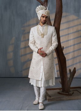 Anarkali Style Groom Embroidered Sherwani In Off White Color