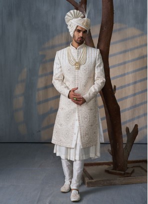 Anarkali Style Groom Embroidered Sherwani In Off White Color