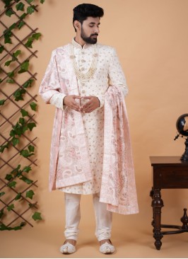 Art Silk Cream Embroidered Sherwani Set