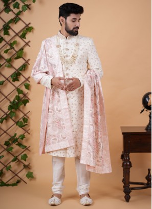 Art Silk Cream Embroidered Sherwani Set