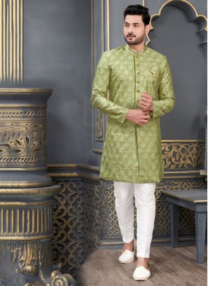 Art Silk Green Indowestern Set For Men