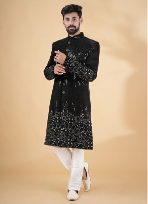 Attractive Black Embroidered Velvet Indowestern Set