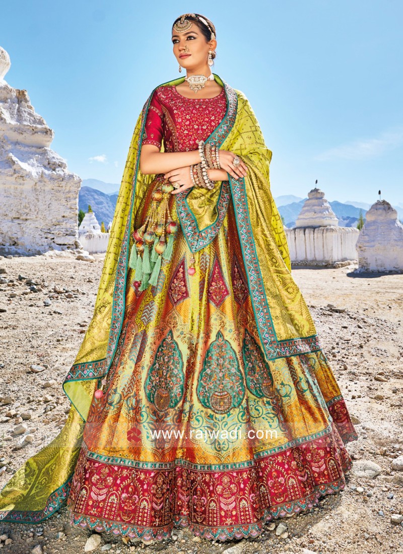 Pure Banarasi Silk Wedding Lehenga in Yellow & Green Color With Embroidery  work