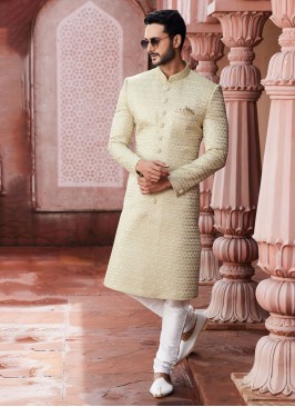 Beige Embroidered Indowestern In Art Silk