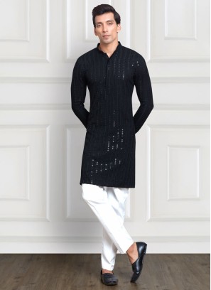 Black And White Cotton Silk Embroidered Readymade Kurta Pajama