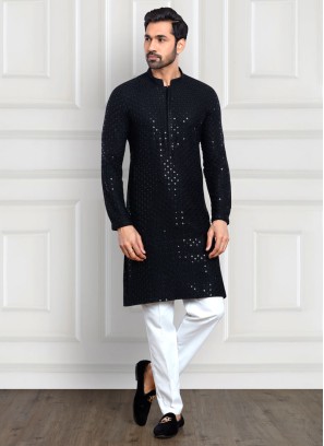 Black And White Cotton Silk Kurta Pajama For Men