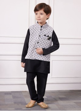 Black And White Nehru jacket Set In Cotton Silk