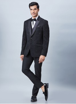 Black Embroidered Tuxedo Suit In Emboss Fabric