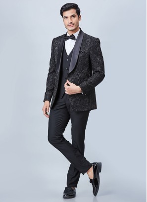 Black Embroidered Tuxedo Suit In Imported Fabric