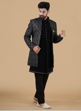 Black Jacket Style Indowestern Set With Thread Embroidery