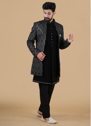 Black Jacket Style Indowestern Set With Thread Embroidery