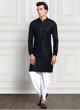 Black Sequins Embroidered Cotton Silk Kurta Pajama