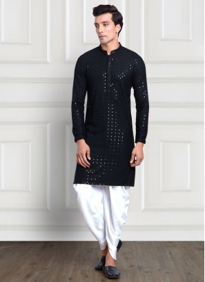 Black Sequins Embroidered Cotton Silk Kurta Pajama