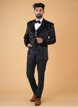 Black Velvet Suit With Embroidered Work Detailing