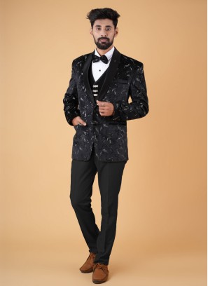 Black Velvet Suit With Embroidered Work Detailing