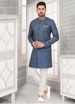 Blue Art Silk Indowestern Set For Men