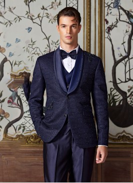 Blue Embroidered Work Imported Fabric Mens Suit