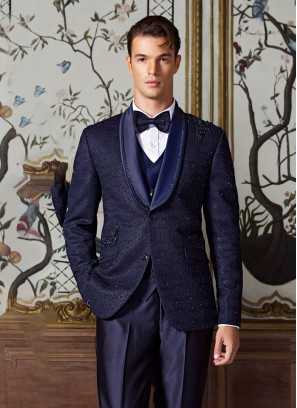 Blue Embroidered Work Imported Fabric Mens Suit