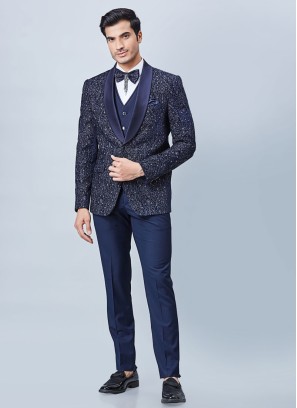 Blue Heavy Embroidered Suit Set In Velvet Fabric