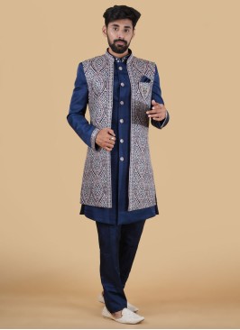 Blue Jacket Style Indowestern Set For Groom