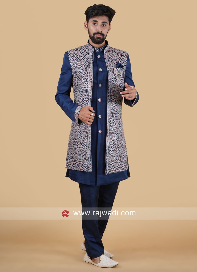 Blue Jacket Style Indowestern Set For Groom