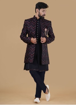 Blue Jacket Style Indowestern Set For Groom