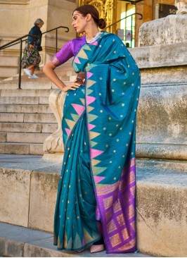 Stunning Peacock Blue Khadi Silk Contemporary Saree