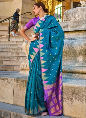 Stunning Peacock Blue Khadi Silk Contemporary Saree