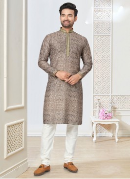 Brown Fancy Printed Kurta Pajama In Cotton