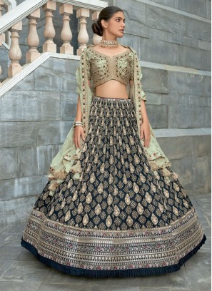 Chiffon Dark Rama Blue Weaving Embroidered Lehenga Choli