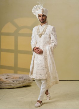 Classic Off White Embroidered Sherwani For Wedding