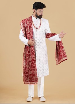 Classic White Embroidered Sherwani For Wedding