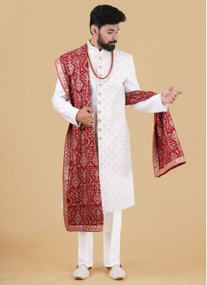 Classic White Embroidered Sherwani For Wedding