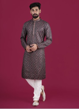 Cotton Silk Blue Printed Kurta Pajama