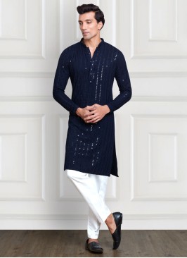 Cotton Silk Designer Sequins Embroidered Kurta Pajama For Men