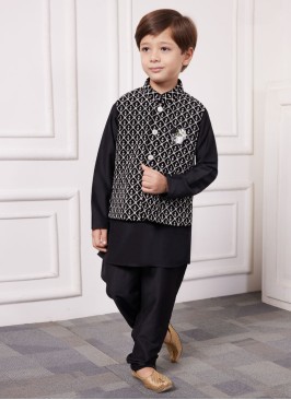 Festive Wear Cotton Silk Nehru Jacket Set In Black.