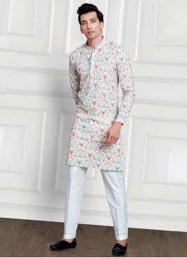 Cotton Silk Off White Printed Kurta Pajama