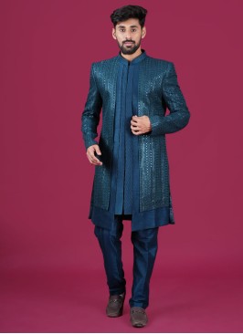 Cotton Silk Peacock Blue Readymade Indowestern