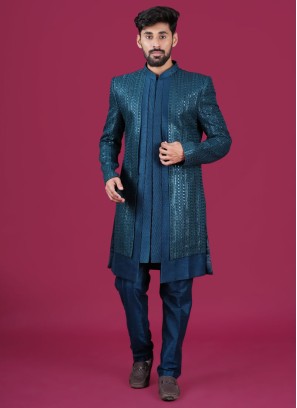 Cotton Silk Peacock Blue Readymade Indowestern