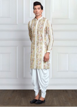 Cotton Silk Peshawari Style Cream Printed Kurta Pajama