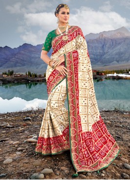 Cream and Red Party Designer Saree