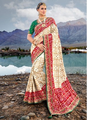 Cream and Red Party Designer Saree