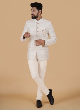 Cream Color Embroidered Silk Jodhpuri Suit