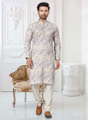 Cream Cotton Geometric Printed Kurta Pajama Set